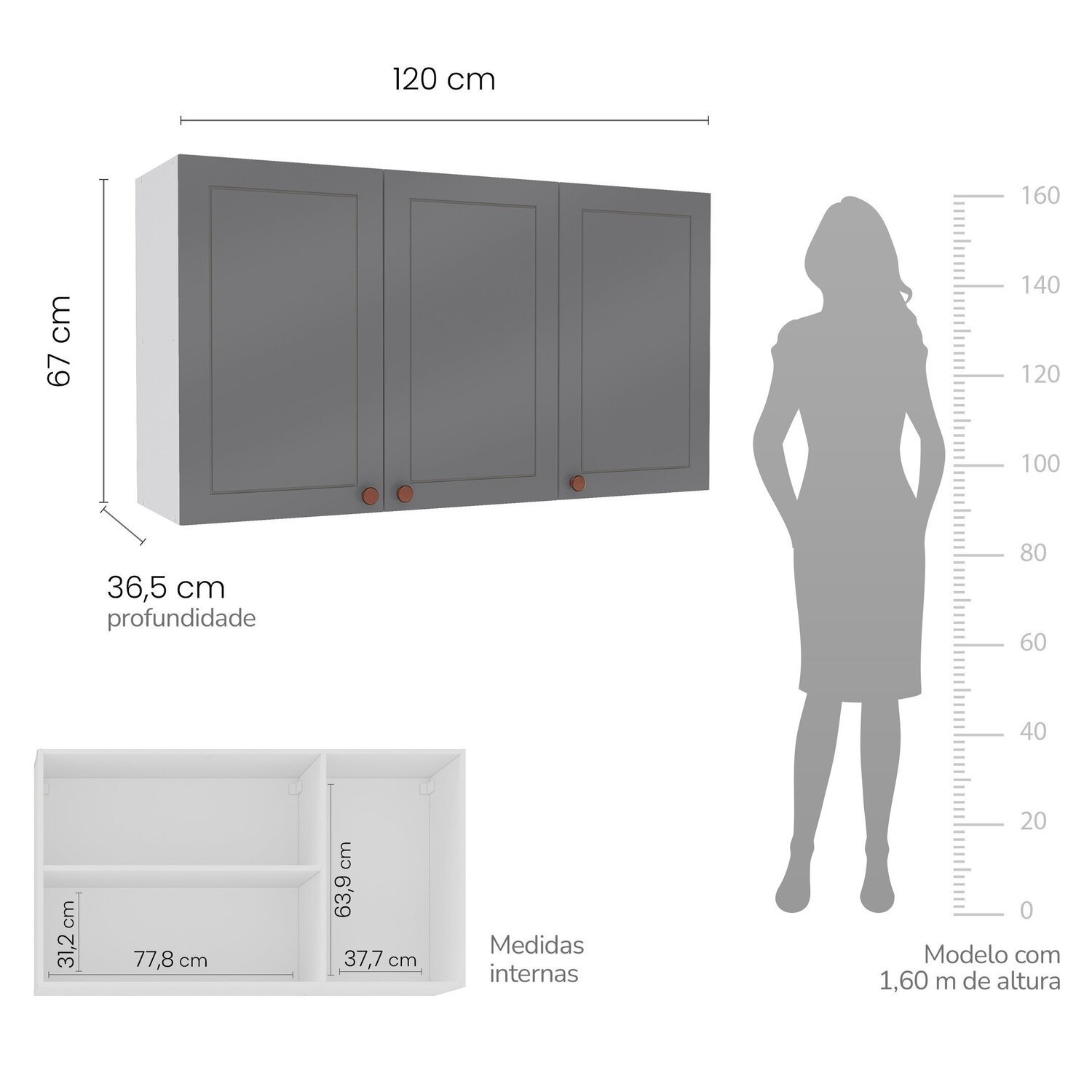 Armário Aéreo 3 Portas 120 Cm Pérola Yescasa - 3