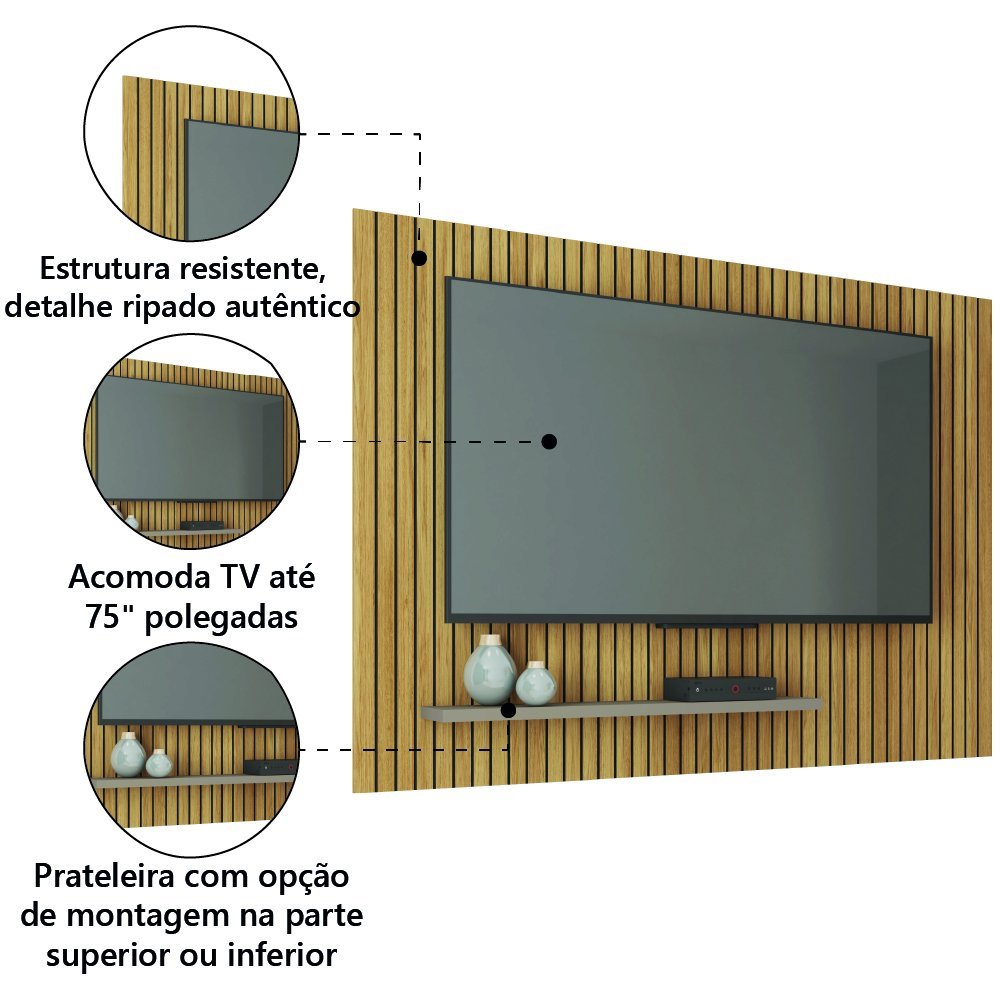 Painel Para Tv Até 75 Polegadas 1,80m Ripado Com Prateleira França ...