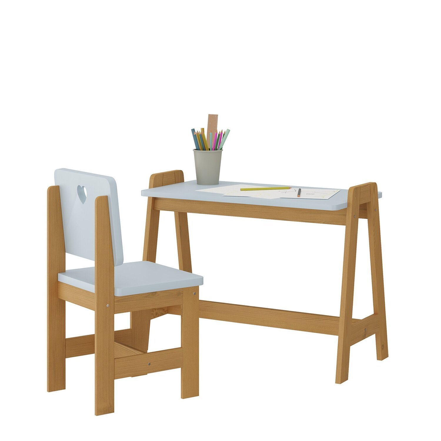 Conjunto Mesa Escrivaninha + 1 Cadeira Infantil Sofia Azul/ Mel Madeira de Pinus / Mdf - 2