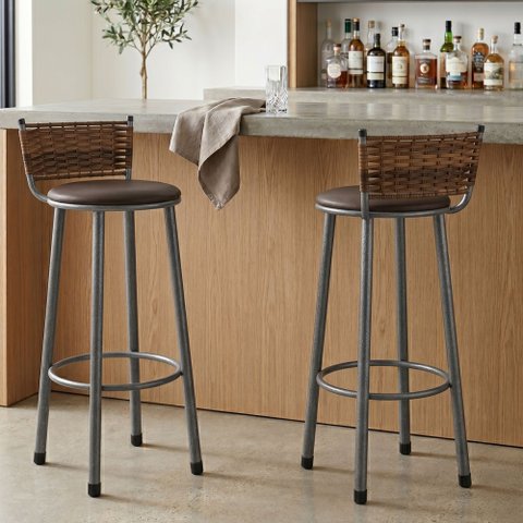 Kit 2 Banquetas Altas Industrial em Aço e MDF com Encosto Bete Prata/Marrom