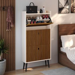 Sapateira Vertical 3 Gaveta Basculante Off White/Ripado 2 Mesinha Canto Quarto Off White/Cinamomo - 6