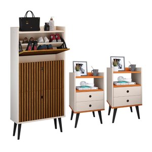 Sapateira Vertical 3 Gaveta Basculante Off White/Ripado 2 Mesinha Canto Quarto Off White/Cinamomo