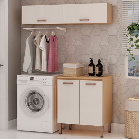 Lavanderia Modulada 3 Peças,2 Armários Aéreos e 1 Balcão 70cm Essência 100% MDF Bege/Freijó