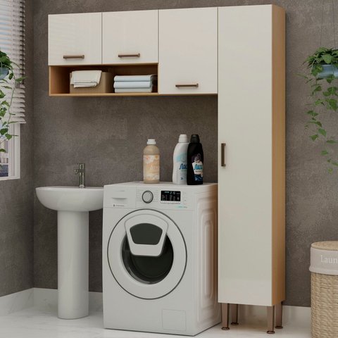 Lavanderia Modulada 2 Peças, 1 Armário Alto e Aéreo de 120cm Essência 100% MDF Bege/Freijó