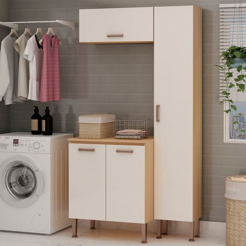 Lavanderia Modulada 3 Peças, 1 Armário Alto, 1 Aéreo de 70cm e Balcão de 70cm Essência 100% MDF Bege/Freijó