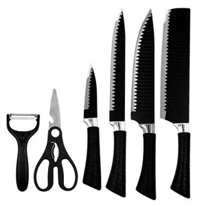 Conjunto de Facas de Cozinha Churrasco Cutelo com Lâmina Aço Inox 6 Peças Preto
