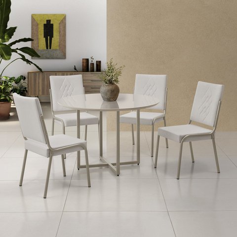 Conjunto Sala de Jantar Mesa em MDF com Vidro 4 Cadeiras Moscou Bege/Champagne/Off White