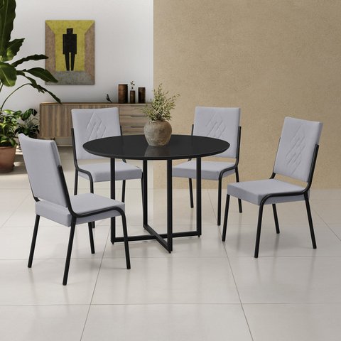Conjunto Sala de Jantar Mesa em MDF com Vidro 4 Cadeiras Moscou Preto/Cinza