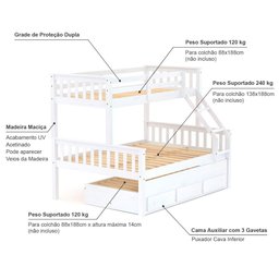Treliche com Cama Casal Premium com Gavetas Madeira Maciça Branco Megamobilia - 4