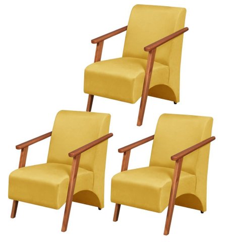 Kit 3 Poltronas Venus 1 Lugar Braço Madeira Maciça Tecido Suede Unidecor Amarelo