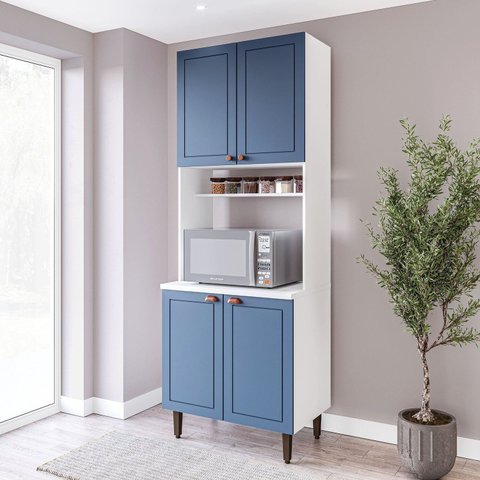 Paneleiro/Torre Quente 4 Portas 2 Nichos para Forno e Utensílios com 80 cm Pérola Yescasa Azul/Branc