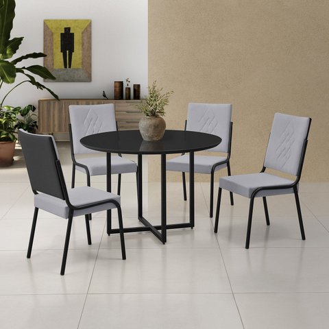 Conjunto Sala de Jantar Mesa em MDF com Vidro 4 Cadeiras Moscou Preto/Cinza