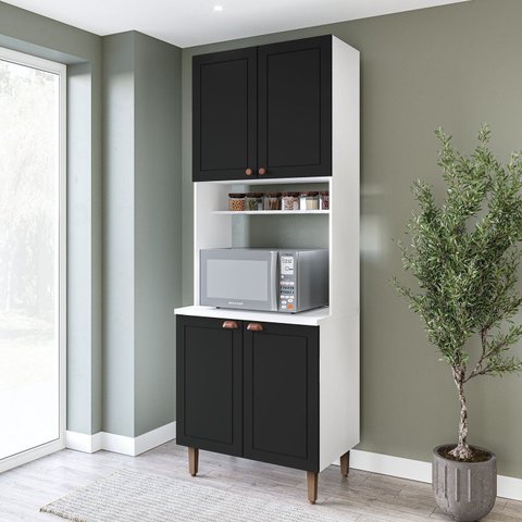 Paneleiro/Torre Quente 4 Portas 2 Nichos para Forno e Utensílios com 80 cm Pérola Yescasa Preto/Bran