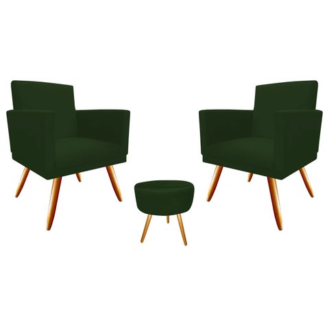 Kit 2 Poltronas Decorativa Bia + Puff Redondo Suede Verde Pés Madeira Mz Decor