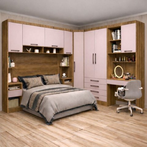 Guarda Roupa Modulado Casal 1,38 M Canto com Escrivaninha Paris Luciane M08:rosa