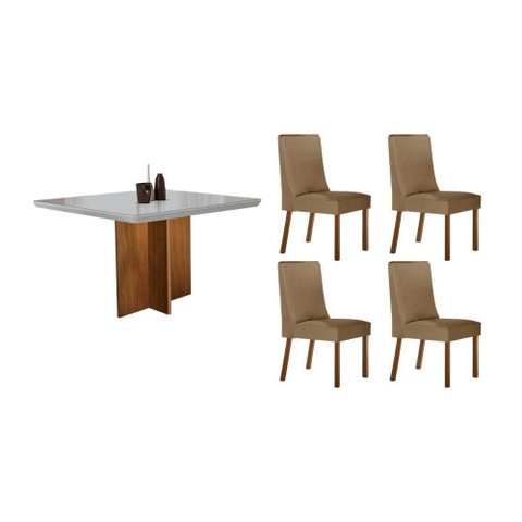 Conjunto: Mesa de Cozinha Berlim Tampo c/ Vidro Curvo 90cm+ 4 Cadeiras Dakota Madeira Naturale/Off