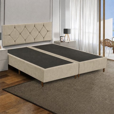 Base Cama Box Queen Bipartida Cecília Vilajo em Suede Bege – 1,58 x 1,98 m