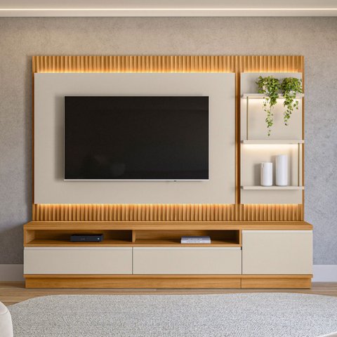 Rack com Painel para Tv até 70 Polegadas São Paulo 2 Gavetas 1 Porta Ripado com Led Tauari/off White