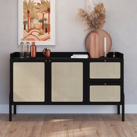 Balcão Buffet 2 Portas 2 Gavetas 139cm Palhinha Pé Madeira Preto/Nero