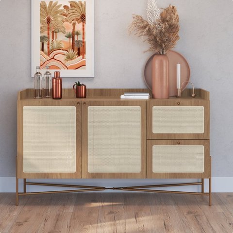 Balcão Buffet 2 Portas 2 Gavetas 139cm Palhinha Pé Metal Marrom/Hanover/Dourado