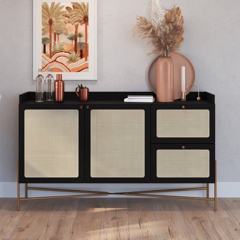 Balcão Buffet 2 Portas 2 Gavetas 139cm Palhinha Pé Metal Preto/Nero/Dourado