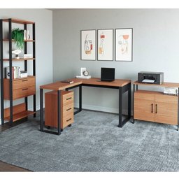 Kit 4 Peças 100% Mdf com Escrivaninha em L, Estante para Livros, Gaveteiro e Armário Multiuso Baixo - 1