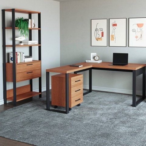 Conjunto 3 Peças 100% Mdf com Escrivaninha em L, Estante para Livros e Gaveteiro Freijó Preto Fosco