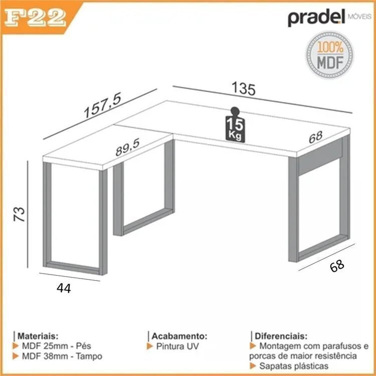 Kit 3 Peças 100% Mdf com Escrivaninha em L, Gaveteiro e Armário Multiuso Baixo - 5