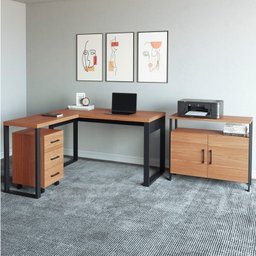 Kit 3 Peças 100% Mdf com Escrivaninha em L, Gaveteiro e Armário Multiuso Baixo - 1