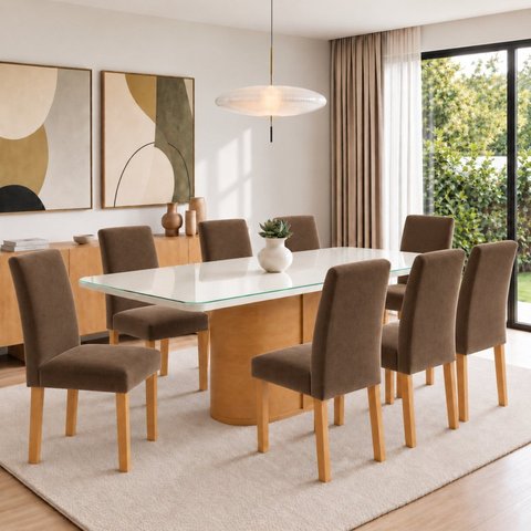 Conjunto Sala de Jantar 8 Lugares Retangular Tampo Vidro/MDF 200x90cm Mesa Diana e Cadeiras Espanha