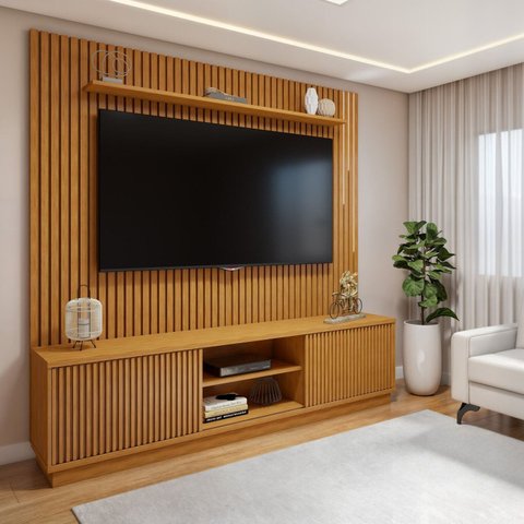 Rack com Painel Ripado para TV até 75 Polegadas 100% MDF com LED 220CMX303,5cm Paris Arezzo Marrom