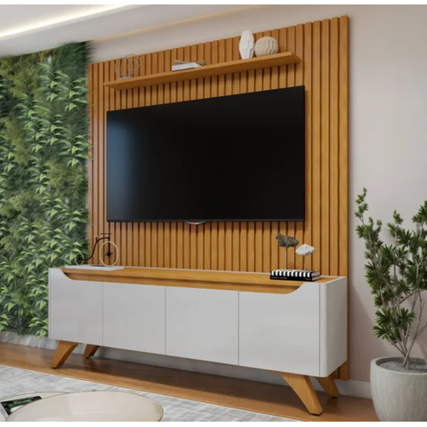 Rack com Painel Ripado para TV até 75 Polegadas com LED MDF 180cmx250cm Pés em Madeira Maciça Sem Grécia Paris