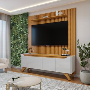Rack com Painel para TV até 75 Polegadas Ripado sem Led 310x180cm  Pés Madeira Maciça  Grécia Paris