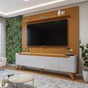 Ver imagem 1 de Rack com Painel Ripado para TV até 75 Polegadas 100% MDF com LED 228CMX310,5cm Pés em Madeira Maciça sem Grécia Paris Bege