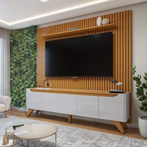 Rack com Painel para TV até 75 Polegadas Ripado sem Led 310x220cm Pés Madeira Maciça Grécia Paris