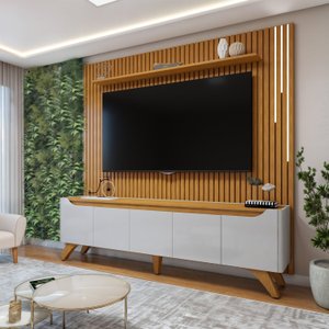 Rack com Painel para TV até 75 Polegadas Ripado com Led 250x228cm Pés Madeira Maciça Grécia Paris