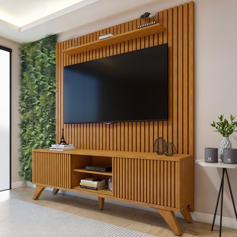 Rack com Painel Ripado para TV até 75 Polegadas 100% MDF 180cmx303,5cm Gaia Paris