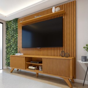Rack com Painel para TV até 75 Polegadas com Ripado 100% MDF 218cm Pés Madeira Maciça Gaia Paris