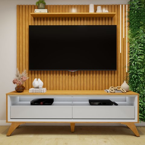 Rack com Painel Ripado para TV até 75 Polegadas com LED MDF 180cmx308,3cm Pés em Madeira Maciça Laqueado Cascata Maciça Paris