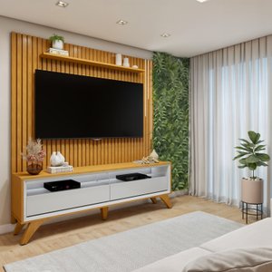 Rack com Painel para TV até 75 Polegadas 250x183cm Ripado com Led Cascata Pés Madeira Maciça Paris