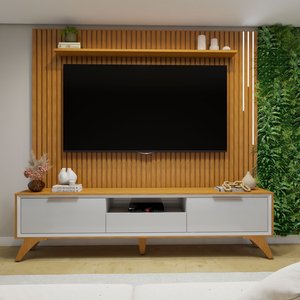 Rack com Painel para TV até 75 Polegadas Laqueado com Led Cascata Ripado Pés Madeira Maciça Paris