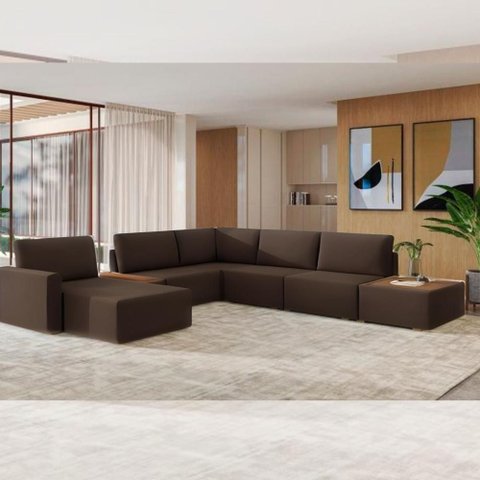 Sofá de Canto 5 Lugares com Chaise Modular Moderno Premium Veludo Marrom Agatha