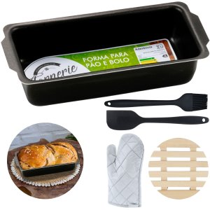Forma de Pão Retangular Antiaderente 900ml + Luva Térmica + Pincel + Espátula + Descanso Panela Redo