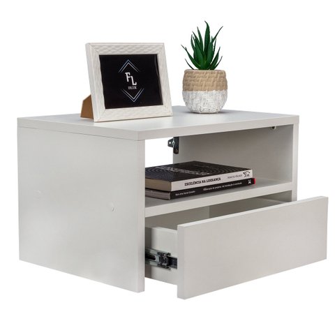 Mesa de Cabeceira Criado Branco 40cm Estilo Suspensa com Gaveta Inferior e Nicho Quarto Decoração