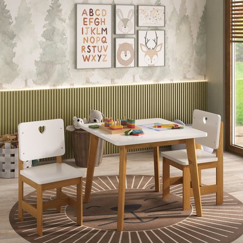Conjunto Infantil Mesa com 2 Cadeiras Madeira Maciça e MDF 