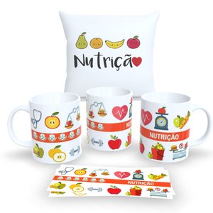 Kit com 1 Caneca de Porcelana e 1 Almofada Branca 30x30cm Personalizadas Profissões "nutrição"