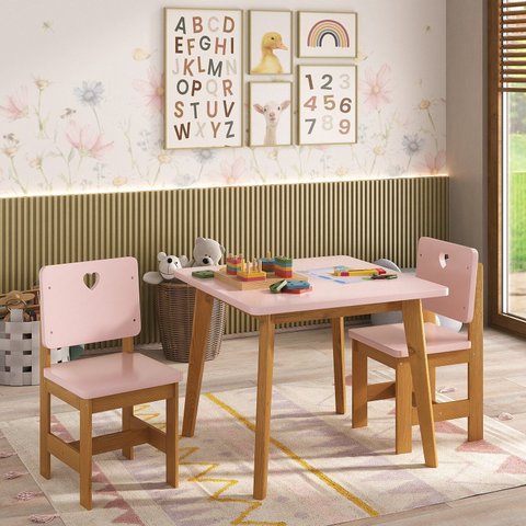Conjunto Infantil Mesa com 2 Cadeiras Sofia Madeira Maciça e MDF Rosa/Mel