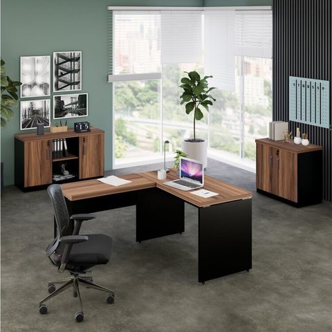 Conjunto 3 Peças com Mesa para Escritório em L 120CMX150CM, Armário Baixo e com Chave Espresso Móveis Marrom Preto