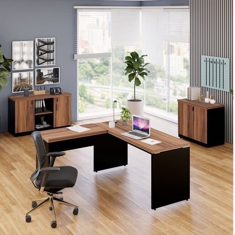 Conjunto 3 Peças com Mesa para Escritório em L 150x150cm e 2 Armários Multiuso Baixo Espresso Móveis Marrom Preto