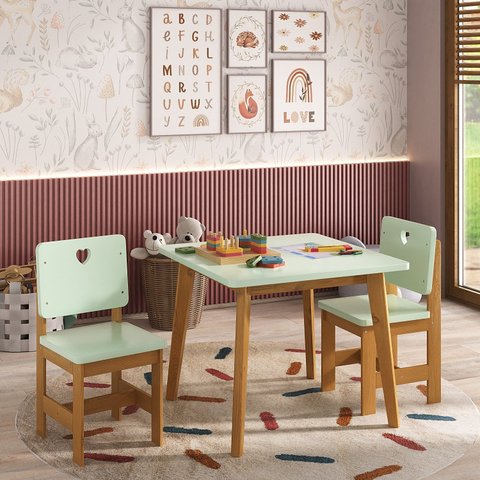 Conjunto Infantil Mesa com 2 Cadeiras Sofia   Madeira Maciça e MDF 